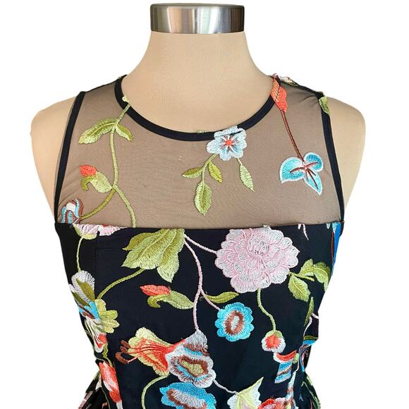 New York & Co Black Mesh Allover Floral Embroidered Dress Sz 6 Fairy Prom Party - Picture 2 of 10